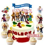 9pcs Game Cake Toppers Cake Decorations, 1 Large Happy Birthday Topper 8 Small for Sandbox Game Cupcake Toppers Happy Birthday Cake Decorations for Sandbox Kids (Blue)