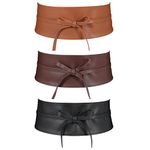 LEACOOLKEY 3 Pack Women Obi Belts Leather Wide Self Tie Bowknot Belts Fashion Wrap Around Belts for Dress(Black+Brown+Coffee,Suit for Waist Size 30"-34")