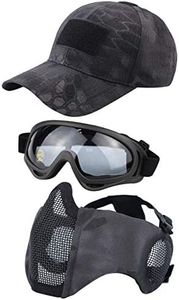 Hodeacc Juego de 3 máscaras tácticas de airsoft para béisbol,máscara de malla de media cara ajustable con protección para los oídos,gafas anti UV,gafas de airsoft para aire libre