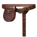 HiiFeuer Medieval Embossed O Ring Belt with Nordic Embossed Belt Bag, Vintage Faux Leather Belt and Belt Pouch Set for LARP (Brown A)