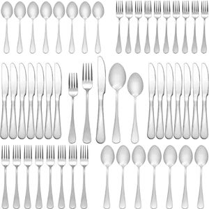 50 Pcs Silverware Set for 10, Food Grade Stainless Steel Flatware Set Include Fork/Knife/Spoon, Mirror Polished Eating Utensils Sets, Durable Silverwear Cutlery Set, Giftable & Dishwasher Safe