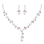 Ever Faith Wedding Jewelry Set For Bridal Bridmaid CZ Crystal Cream Simulated Pearl Floral Vine Filigree Wedding Necklace Earrings Set Purple Silver-Tone