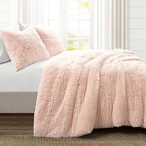 Lush Decor Emma Soft Fluffy Faux Fur Kids College Dorm Oversized Comforter Set, Full/Queen, Blush - Warm Cute Plush 3 Piece Pink Bedding Set