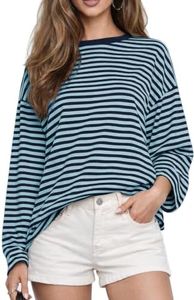 CHYRII Womens Oversized Striped Long Sleeve Casual T Shirt (Navy+Blue XL)