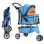 Dog Cart, 3 Wheels Pet Dog Cat Stroller, Folding Carrier Waterproof Puppy Stroller with Cup Holder & Removable Liner, Dog Strollers for Small Dogs, for Small and Medium Pets (Blue)