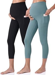 POSHDIVAH 2Pcs Women's Maternity Capri Leggings Over The Belly Pregnancy Workout Active Stretchy Pants with Pockets Black Blue X-Large