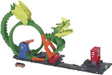 Hot Wheels™ Track Set with 1:64 Scale Toy Firetruck, City Fire Station with Dragon Nemesis and Track Play, Dragon Drive Firefight​​​​