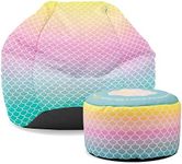 rucomfy Beanbags Mermaid Ombre Kids Classic Bean Bag, Comfortable Home and Bed Room Chair, Pre-Filled, Durable & Machine Washable - 65 x 85cm (With Matching Footstool)