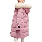 De feuilles Kids Girls Hooded Padded Coat Winter Warm Mid-Length Jacket Solid Color Shiny Letter Print with Faux Fur Hooded Pink,9-10 Years