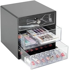 mDesign Cassettiera in plastica resistente – Mini cassettiera per cosmetici con tre scomparti - Elegante porta cancelleria con manici cromati – grigio ardesia/trasparente