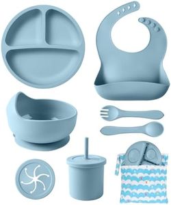 Silicone Baby Feeding Set, 10 Pcs Baby Led Weaning Supplies with Suction Bowl Divided Plate Adjustable Bib Soft Spoon Fork Snack Cup with Lid Drinking Cup, Utensil (Blue)