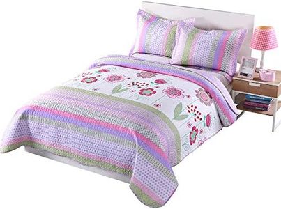 MarCielo 3 Piece Kids Bedspread Quilts Set Throw Blanket for Teens Girls Bed Printed Bedding Coverlet, Full Size, Purple Floral Striped (Full)