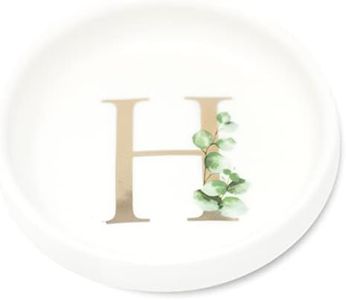 Trinket Tray Jewelry Dish with Monogrammed H in Gold Ring Holder - White Trinket Dish - Personalized Ring Dish or Jewelry Tray - Cedar & Ink (H)