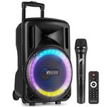Fenton FT12LED MK2 12" Portable PA System, Battery Powered Speaker with Wireless Microphone, Bluetooth Party Speaker with Light, Wireless PA Speaker, 700W
