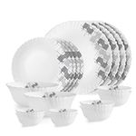 Cello Opalware Dazzle Series Linear Glaze Dinner Set, 18Pcs | Opal Glass Dinner Set for 4 | Light-Weight, Daily Use Crockery Set for Dining | White Plate and Bowl Set