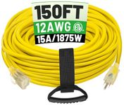 POWGRN 150 ft 12/3 Outdoor Extension Cord Waterproof Heavy Duty with Lighted Indicator End 12 Gauge 3 Prong, Flexible Cold-Resistant Long Power Cord Outside, 15Amp 1875W SJTW Yellow ETL Listed