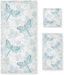 Naanle Boho Dragonfly and Parsley Pattern Soft Luxury Set of 3 Towels, 1 Bath Towel+1 Hand Towel+1 Washcloth, Multipurpose for Bathroom, Hotel, Gym, Spa and Beach