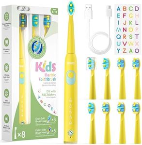SEAGO Kids Electric Toothbrush, Rechargeable Sonic Soft Bristle Toothbrushes with 8 Brush Heads, DIY Stickers and 5 Modes, Ideal for Kids and Children, Ages 3–12,SG2303(Yellow)