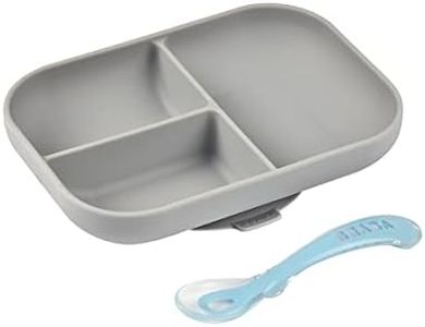 BEABA Silicone Suction Divided Plate Set - Easy to Clean - Dishwasher and Microwave Safe - Soft, Unbreakable, Non-Slip Suction Bottom - Includes Plate and Silicone Spoon (Cloud)