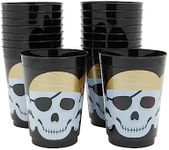 Sparkle and Bash 16 Pack Plastic Skull Themed Tumbler Cups for Kids Pirate Birthday Party Supplies (Black, 16 oz)