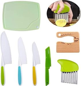 PLAYINGMINDS Wooden Kids Knife, Kids Safe Knives Set Include Wooden Toddler Knife for Cooking Plastic Potato Slicers Peeler Serrated Edges Veggies Knives for Kitchen Children Cooking (7PCS)