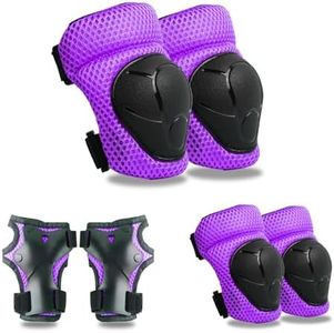 GEQID Kids Knee Pads Elbow Pads Wrist Guards Set ,Protective Gear for 4-6-12 Boys Girls Roller Skating Scooter Skateboarding Bike (Purple, Free Size (4-12 Years or 40-80lbs))