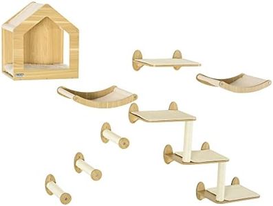 PawHut 8 Piece Cat Shelves Set, Cat Wall Furniture with Condo, 3 Perches, 3 Scratching Posts, Steps, Wall Mounted Cat Tree for Indoor Cats, Beige