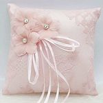 LABJULY Pink Ring Pillow Lace Ring Bearer Pillows 5.9x5.9 Inch Handmade Flower Rhinestone Fall Wedding Ring Pillow for Ceremony Ring Bearer