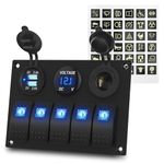 RVMARINEPAT Marine Switch Panel Waterproof 12 Volt 5 Gang Rocker Switch Panel Blue Lighted with Dual USB Socket 4.8A & 12V LED Voltmeter & Cigarette Lighter Socket for Marine Boat Car RV Truck