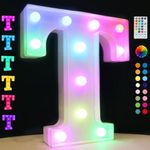 Light Up Colorful LED Marquee Letter Lights, 18 Colors Changing Alphabet Letters Sign with Remote Timer for Night Light Wedding Birthday Party Lamp Christmas Home Bar Decor- Colorful T