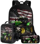 Talayituse Tractor American Flag Pattern School Backpack for Teens Girls Boys, 3-in-1 Kids Backpack Bookbag Set School Bags with Lunch Box Pencil Case