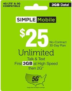 SIMPLE Mobile $25 3 GB Data, Unlimited Talk & Text [Physical Delivery]