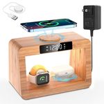 Xunhomon Wireless Charging Station for Magsafe Charger, 5 in 1 Wireless Charging Stand with Alarm Clock,3 Color LED Night Light, Bamboo Magnetic Charger Stand for iPhone/Apple Watch/AirPod Series