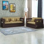 Ganpati Arts Sheesham Wood 5 Seater Sofa Set with Side Pocket for Living Room Home Guest Room Solid Wood 3+2 Sofas Wooden Furniture for Office (Walnut Finish)