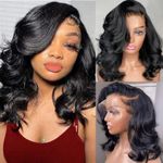 DXFZPGS Bob Wig Human Hair Body Wave 13x6 HD Lace Front Wigs Human Hair Pre Plucked 180% Density Glueless Wigs Human Hair Short Bob Wigs for Black Women Human Hair Natural Black Wavy 12 inch Bob Wigs