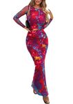 PRETTYGARDEN Women's Bodycon Maxi Dress Fall Fashion Long Sleeve Floral Print Tight Fitted Party Club Ruched Dresses (Navy Red Big Floral,Small)