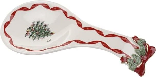 Spode Christmas Tree Ribbons Spoon Rest, 9.25" Festive Holiday Cooking Utensil Holder, Fine Earthenware - Ladle Holder for Kitchen Countertop - Dishwasher Safe, Christmas Kitchen Décor