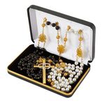 Rosary Lasso for Wedding Ceremony with Case, Gold Tone Crucifix and Medals with Black and Ivory Beads, Traditional Catholic Marriage Lazo Cord Unity Rope for Couples, 4.25 Inch Cross