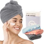 FREATECH 3-Pack Microfibre Hair Towel Wrap, Anti-frizz Hair Turbans for Wet Hair, Super Absorbent and Soft Hair Drying Towel with 3 Adjustable Buttons for Women Kids Curly Long Plopping Hair