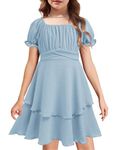 Arshiner Girls Summer Dresses Short Sleeve Off Shoulder Ruffle Hem Party Elegant Dresses Light Blue 7-8 Years