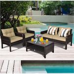 BRISHI Outdoor 4 Seater Sofa Set || Balcony Sofa || Patio Furniture Sets | Conversation Sets | Wicker Rattan Garden Sofa Set and Center Table with Grey Cushions (Brown)