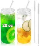 Joyclub 20 oz Glass Cups with Acrylic Lids and Straws 2pcs Can Shaped Glass Iced Coffee Cups with Lids, Drinking Jar Glasses Cute Tumbler Cup Great for Smoothie Soda Boba Tea Cocktail Beer Gift