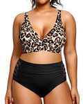 Yonique Womens Plus Size Bikini High Waisted Swimsuits Two Piece Bathing Suits Tummy Control Swimwear, Leopard and Black, Medium