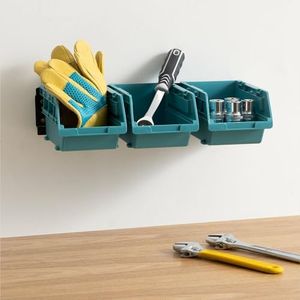 Navaris Storage Bins - Interlocking Plastic Van Boxes - Wall Mounted Compartments for Screws Nails Small Tool Parts - Workshop, Garage, Drawer Shed Bolt Organizer - 3 Bins & 1 Rail