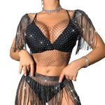 LEOMOSTE Women Rhinestone Crop Top Sparkly Body Chain Fishnet Tank Top Crystal See Through Bikini Cover Up with Tassel Sleeves, Blackab, One Size