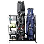 Mythinglogic Golf Storage Garage Organizer,2 Golf Bag Storage Stand and Other Golfing Equipment Rack & 4 Removable Hooks, Extra Large Design for Golf Clubs Accessories