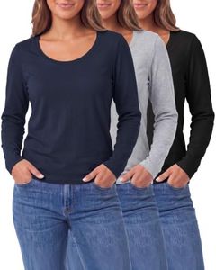 3 Pack Womens Cotton Scoop Neck Long Sleeve Shirts Tops Casual Work Tees | Sizes S-XXL, Undershirt Tshirt, Business Office, Basic Plain Layering, Ladies, Everyday Fall Winter Soft Comfy Cozy