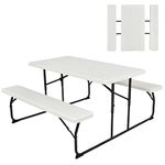 GYMAX Picnic Table, 550 LBS Folding Picnic Tables with Benches & Seats, Weather-Resistant Easy Setup Portable Picnic Table, Wood-Like Foldable Picnic Tables for Outdoors Patio Deck Party BBQ (White)