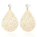 14K Gold Plated Handmade Filigree Teardrop Dangling Drop Earrings for Women, Cultured Pearl Leaf Earrings for Gift