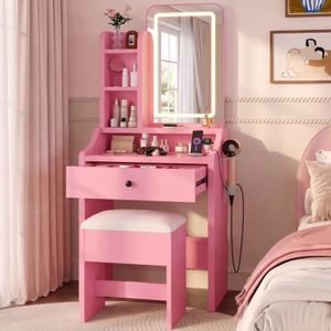 DUMOS Small Makeup Vanity Desk, Mirror and LED Lights, Compact Chair Set